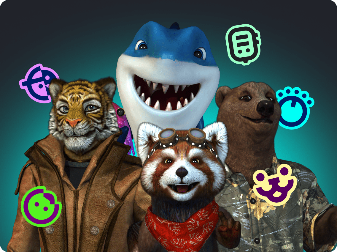 Shark, Tiger, Raccoon, Bear characters